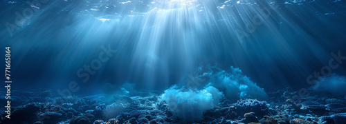 Underwater seascape with sunbeams shining through the ocean's surface. #771665864