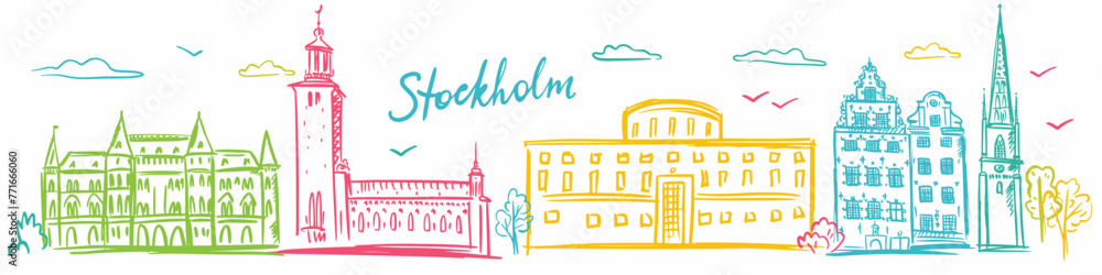Sweden, Stockholm. Vector collection of architecture. A set of illustrations of iconic objects drawn by hand in the doodle style