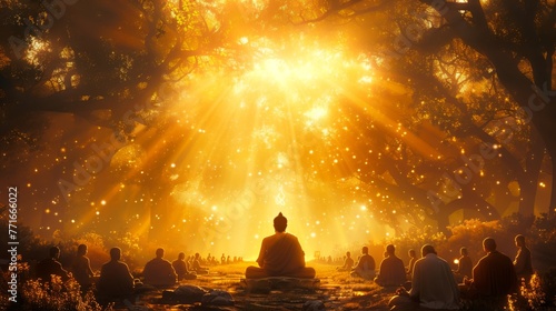 Buddha delivering his first sermon in the Deer Park at Sarnath with radiant beams of light symbolizing enlightenment
