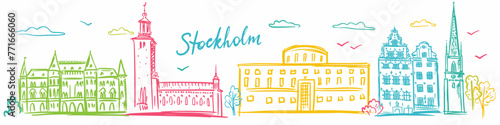 Sweden, Stockholm. Vector collection of architecture. A set of illustrations of iconic objects drawn by hand in the doodle style © Abundzu