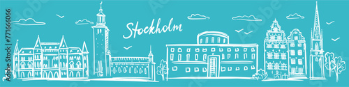 Sweden, Stockholm. Vector collection of architecture. A set of illustrations of iconic objects drawn by hand in the doodle style © Abundzu