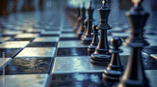 Close-up of black chess pieces on a reflective chessboard with selective focus. Strategy and competition concept