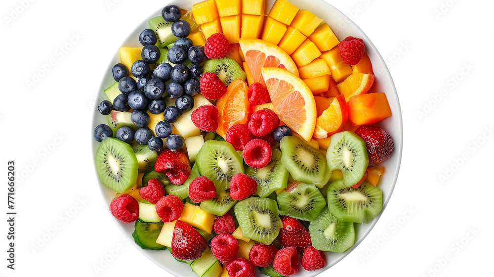 Colorful and Fresh Fruit Salad with Appetizing Dressing, Top View of Sliced Mixed Fruits on Transparent Background for Healthy Eating Concept
