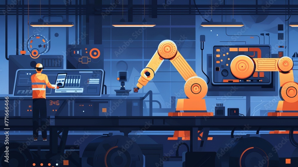 An engineer uses a tablet to control robotic tools and arms in a dark blue industrial setting. The image highlights the use of smart technology and automation in manufacturing.