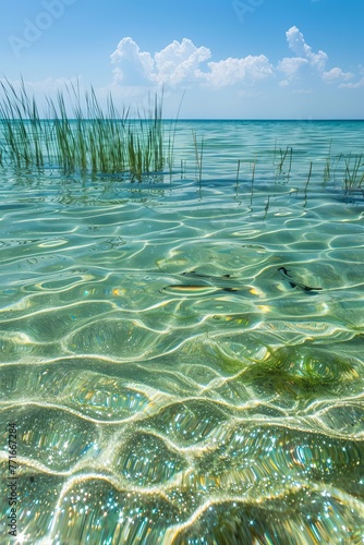 a shallow swampy sandy brackish lakes edge with crystal clear water and tall wheat grass growing out of it. photo
