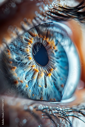 a ultra close up photo of a human eye, blue in color, 