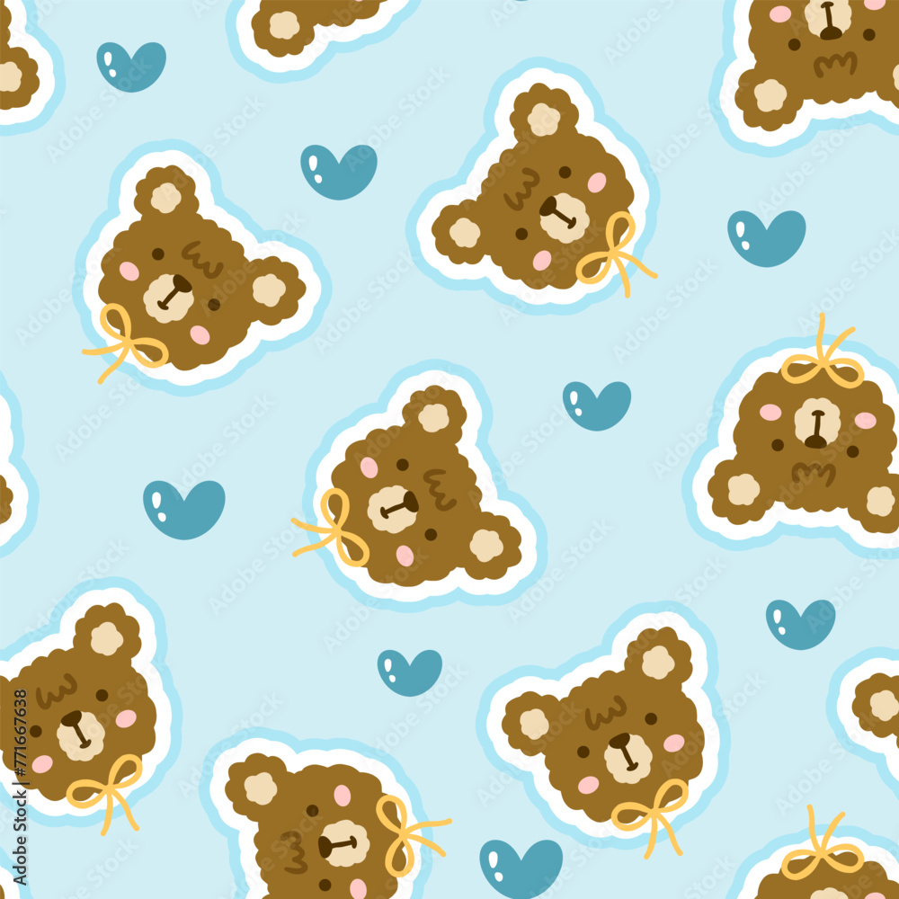 cute hand drawn brown teddy bear face with yellow bowtie on a blue background with hearts  kawaii elements, kids seamless pattern for wrapping paper or textile