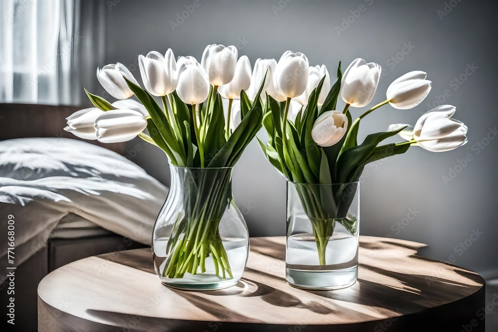 An image from above showing a white tulip-filled, minimalist glass vase that brings peace to a calm bedroom An image from above showing a white tulip-filled, minimalist glass vase that brings peace to a calm bedroom