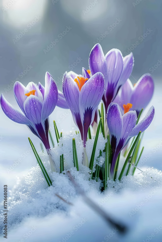 Crocus spring flower Growth In The Snow.