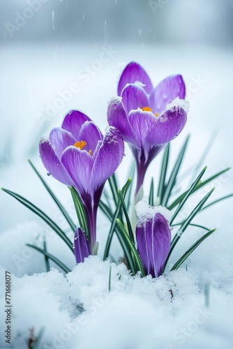 Crocus spring flower Growth In The Snow. © Nica