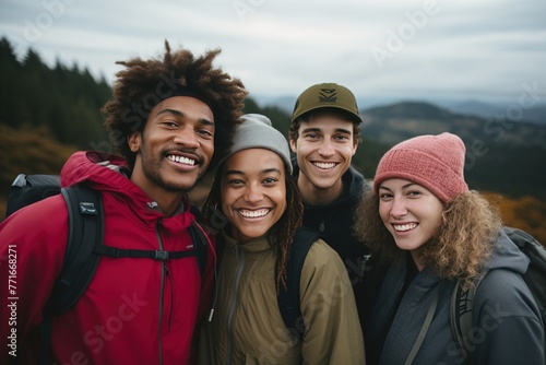 Group of diverse young friends outside on a hike