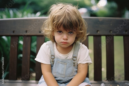 Sad toddler sitting on a bench looking at camera
