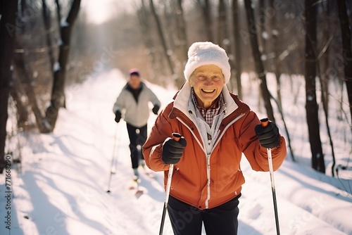 Active seniors cross country skiing