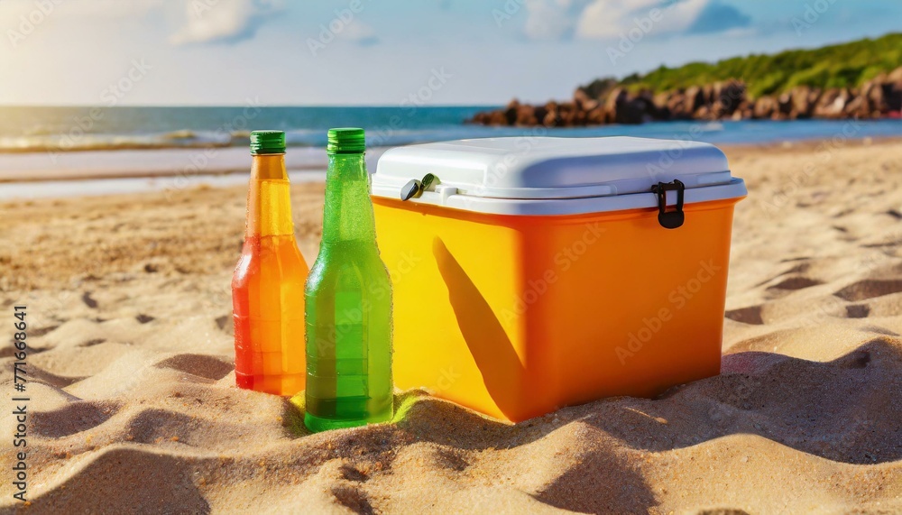 Ice box, drink cooler, portable fridge on the beach, Ice box, drink cooler, portable fridge on the beach,