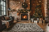 Cozy living room with lit fireplace and decorated Christmas tree, festive home interior decor for winter holidays, warm and inviting atmosphere