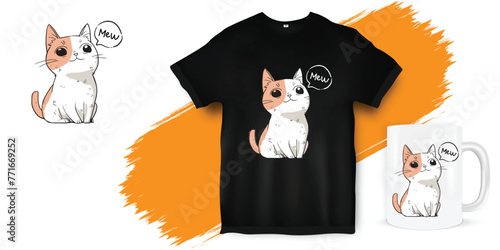 Cute adorable cat t-shirt design saying mew