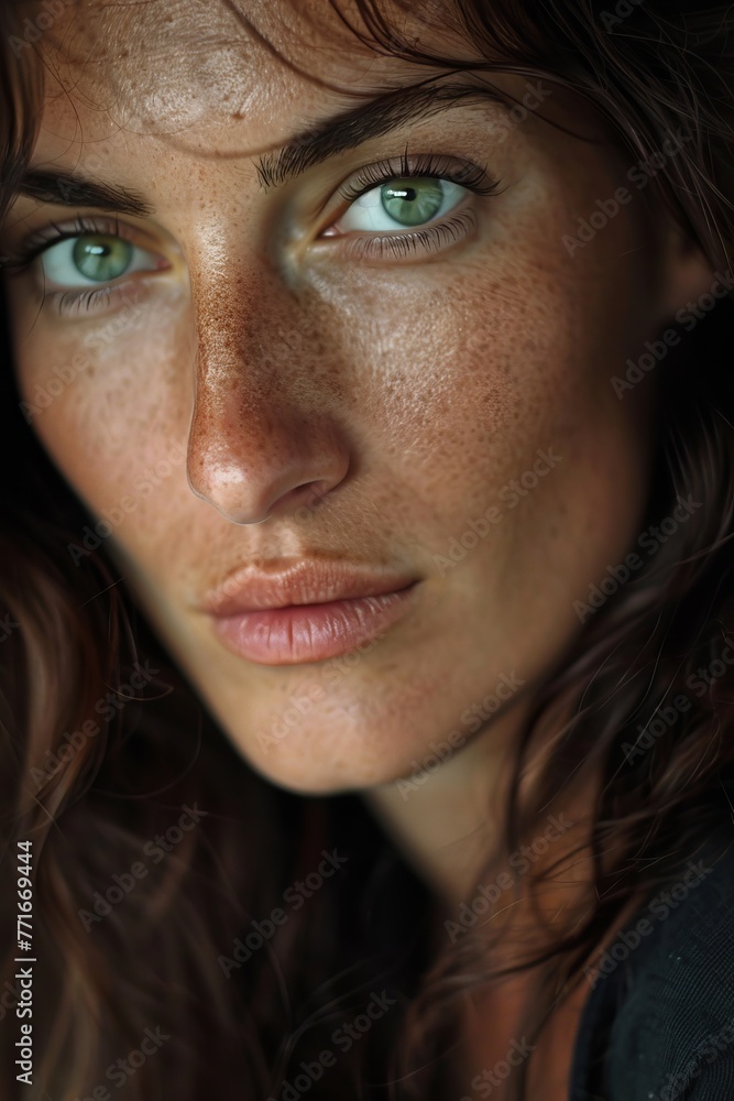Portrait of a beautiful I woman , with detailed features that include brown hair and captivating green eyes. Portrait of a beautiful I woman , with detailed features that include brown hair and captivating green eyes.