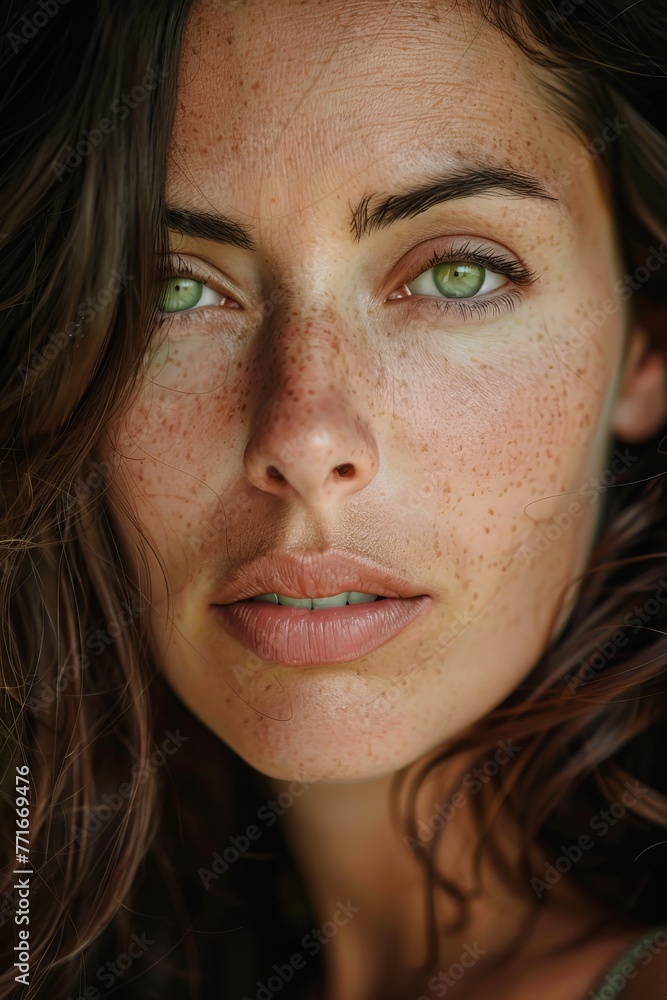 Portrait of a beautiful Italian woman in her 30s, with detailed features that include brown hair and captivating green eyes. Portrait of a beautiful Italian woman in her 30s, with detailed features that include brown hair and captivating green eyes.