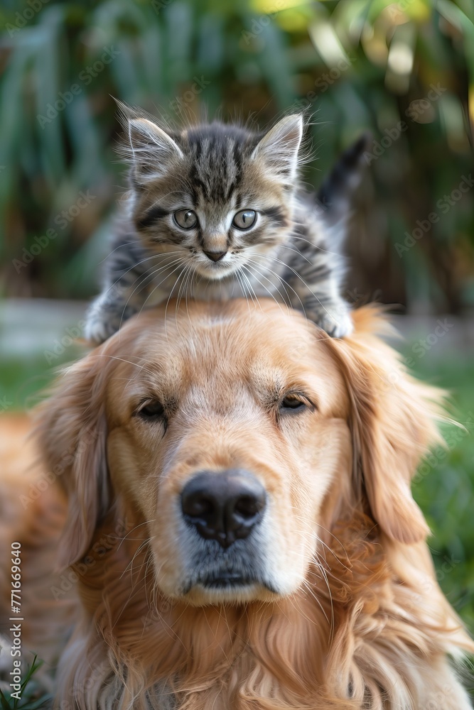small young cute baby cat lies on the head of a Golden Retriever in the garden, best friends, 