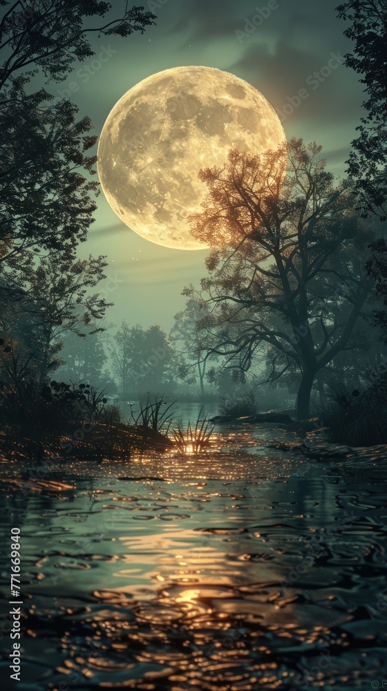Enchanting Full Moon Over Tranquil River in a Mystical Forest Landscape Enchanting Full Moon Over Tranquil River in a Mystical Forest Landscape
