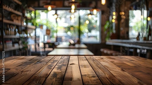 Close-up of wooden table in restaurant, Empty wooden table top with lights bokeh on blur restaurant background ai generated  © Hamid