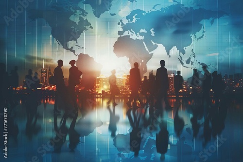 Concept of worldwide business, people silhouettes on global map background, international trade and commerce illustrationConcept of worldwide business, people silhouettes on global map background, int