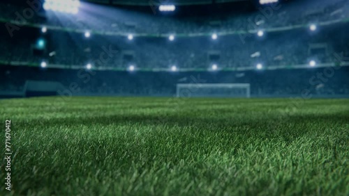 Soccer player performs outstanding play during a soccer game on a professional outdoor soccer stadium. Player wears unbranded uniform. 3D animation. 4K, stadium lights in the night photo