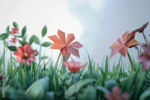 geometric, adorable flower icons with grass and leaves.