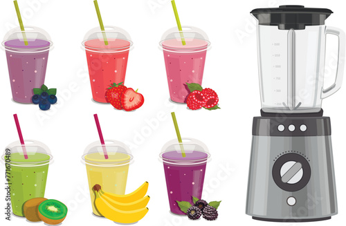 Plastic cups with smoothies, fruits and vegetables. Vector composition