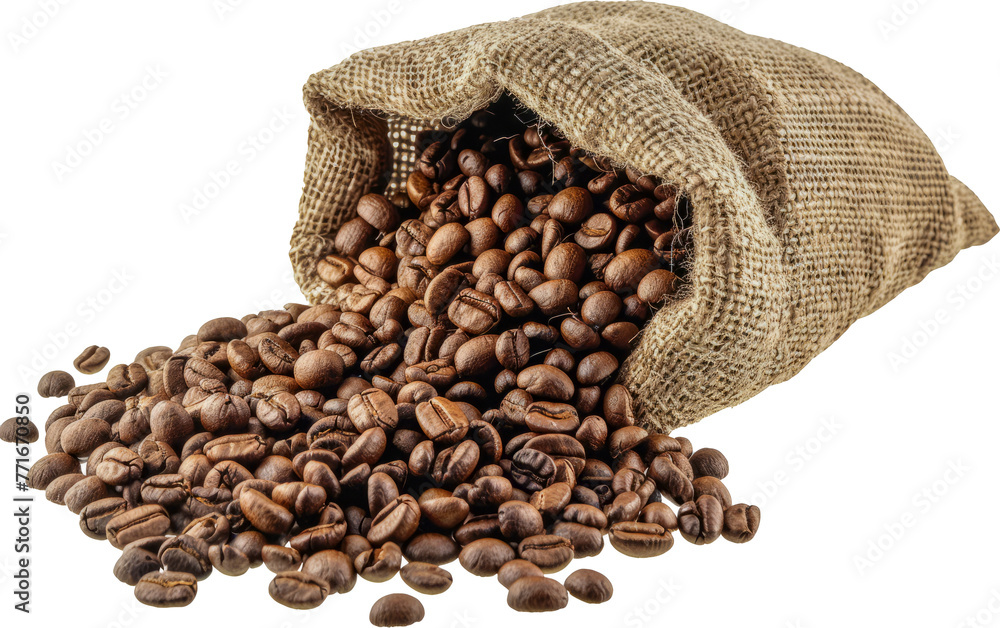 Roasted coffee beans in burlap sack cut out on transparent background - obrazy, fototapety, plakaty 