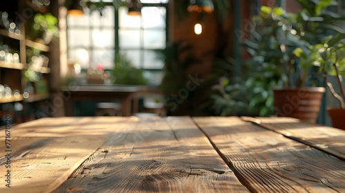 Close-up of wooden table in restaurant, Empty wooden table top with lights bokeh on blur restaurant background ai generated 