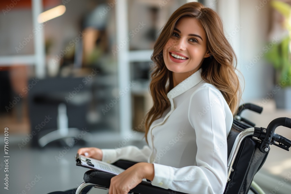 A young beautiful business woman in a professional suit is sitting in a wheelchair with documents in her hands and smiling at the camera against the background of the office A young beautiful business woman in a professional suit is sitting in a wheelchair with documents in her hands and smiling at the camera against the background of the office