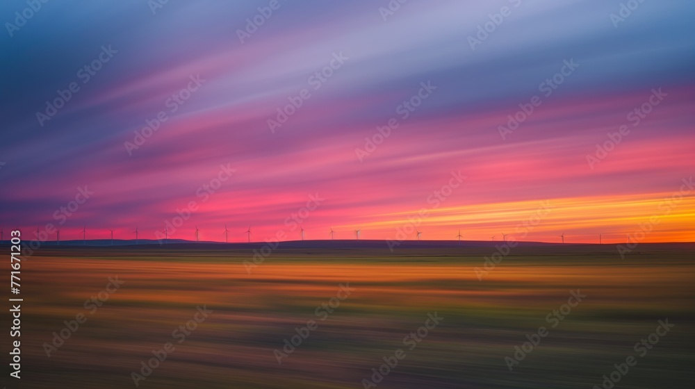 The silhouette of wind turbines against the background of the setting sun with a purple sunset in a meadow, renewable energy. Rural landscape with natural electricity production