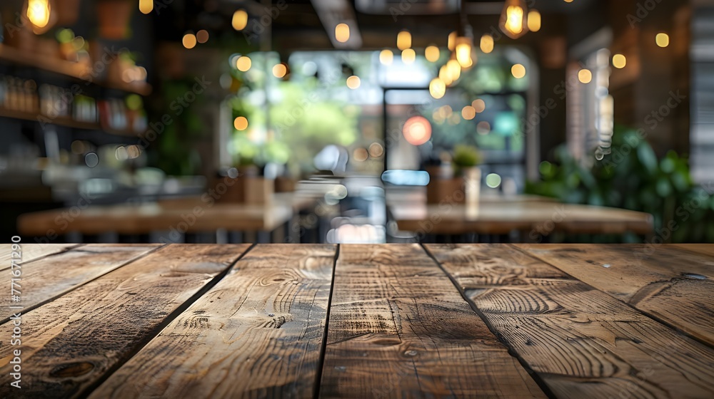 Close-up of wooden table in restaurant, Empty wooden table top with lights bokeh on blur restaurant background ai generated 