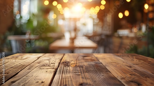 Close-up of wooden table in restaurant  Empty wooden table top with lights bokeh on blur restaurant background ai generated 