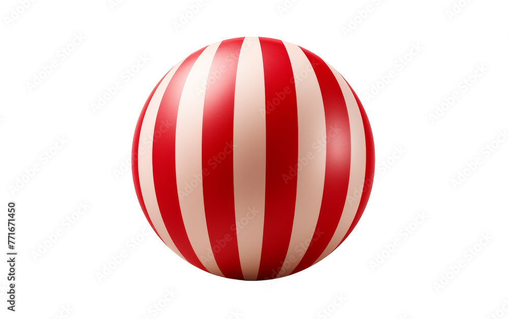 A vibrant red and white striped ball stands out against a pristine white background