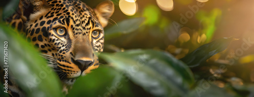 A majestic leopard camouflaged in the lush green foliage, eyes alert. The feline predator's spots blend seamlessly with the verdant environment. photo