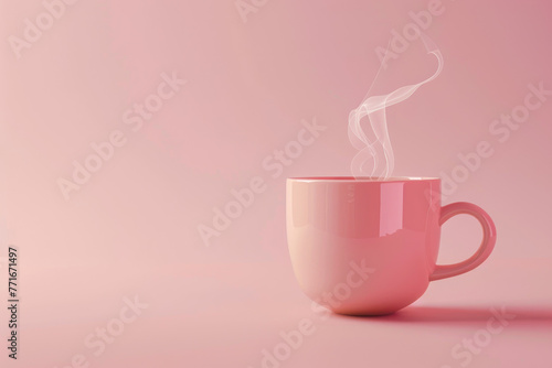 A pink cup with steam coming out of it. Concept of warmth and comfort, as the steam rising from the cup suggests a hot beverage being enjoyed