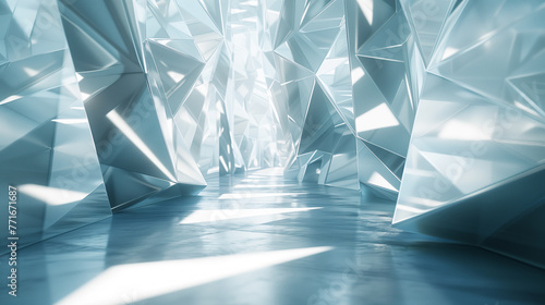 Abstract geometric ice crystal 3D render of a building, with a blue origami texture