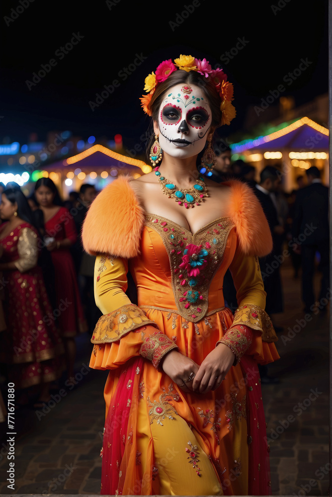 Fototapeta premium beautiful woman with painted skull on her face for Mexico's Day of the Dead