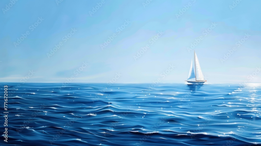 Tranquil Seascape with a Lone Sailboat Gliding over Calm Blue Ocean Waves