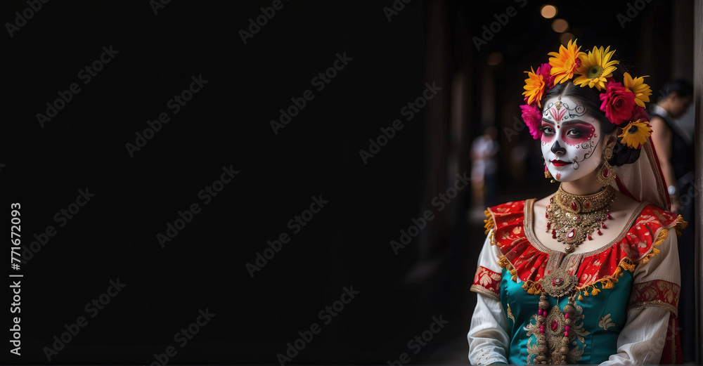 beautiful woman with painted skull on her face for Mexico's Day of the Dead beautiful woman with painted skull on her face for Mexico's Day of the Dead