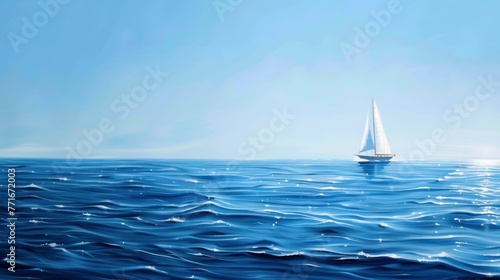 Tranquil Seascape with a Lone Sailboat Gliding over Calm Blue Ocean Waves © Jinny787
