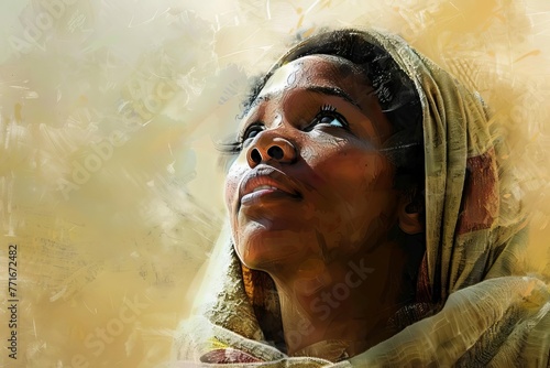 Closeup portrait of biblical character, black woman wearing shawl looking up with faith, digital painting photo