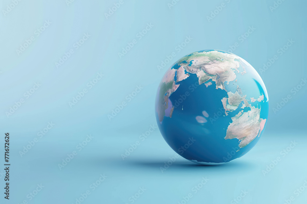 A blue globe sits on a blue background. The globe is the center of attention and the background is a solid color