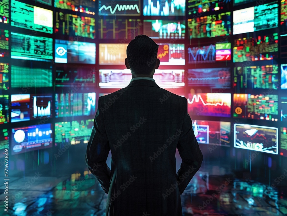 In the eye of the information storm a business individual focuses surrounded by screens flashing data and notifications In the eye of the information storm a business individual focuses surrounded by screens flashing data and notifications