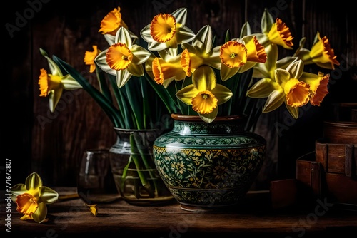 Wallpaper Mural A macro shot showcasing the intricate details of a bouquet of daffodils in a ceramic vase on a rustic shelf  Torontodigital.ca