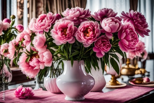 a perspective view of a pink peony-filled porcelain vase that elevates a formal dining area