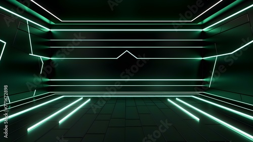 Virtual Room with dark green Neon Lights. Futuristic Backdrop for Product Presentation