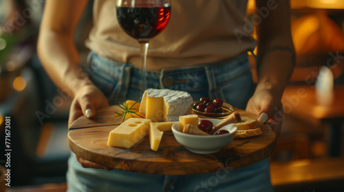 A cheese assortment with honey on a wooden board, accompanied by a glass of red wine held by someone.